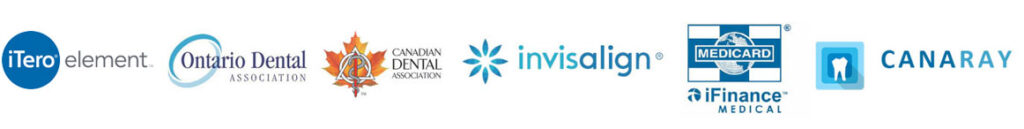 logos of itero element, ontario dental association, canadian dental association, invisalign, medicard, and canaray